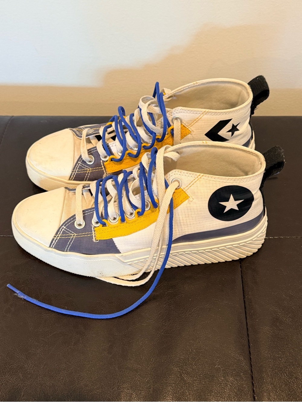 Converse High-Top Sneakers in White, Blue & Yellow-Not A Chuck-Discontinued